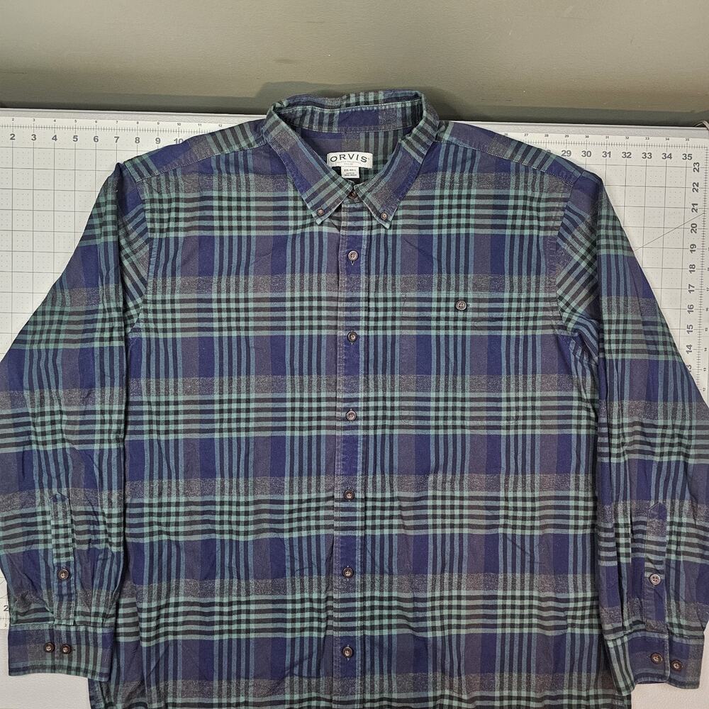 Orvis Shirt Mens XXL Heavyweight Blue Green Tartan Plaid Pocket Work Preppy